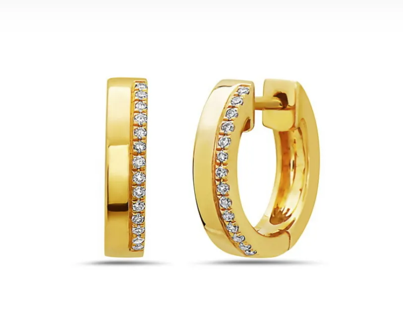 14k Yellow Gold Diamond Row Huggie Hoop Earrings (I4014)