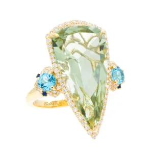 14K Yellow Prasiolite, Blue Topaz and Natural Diamond Ring Size 7