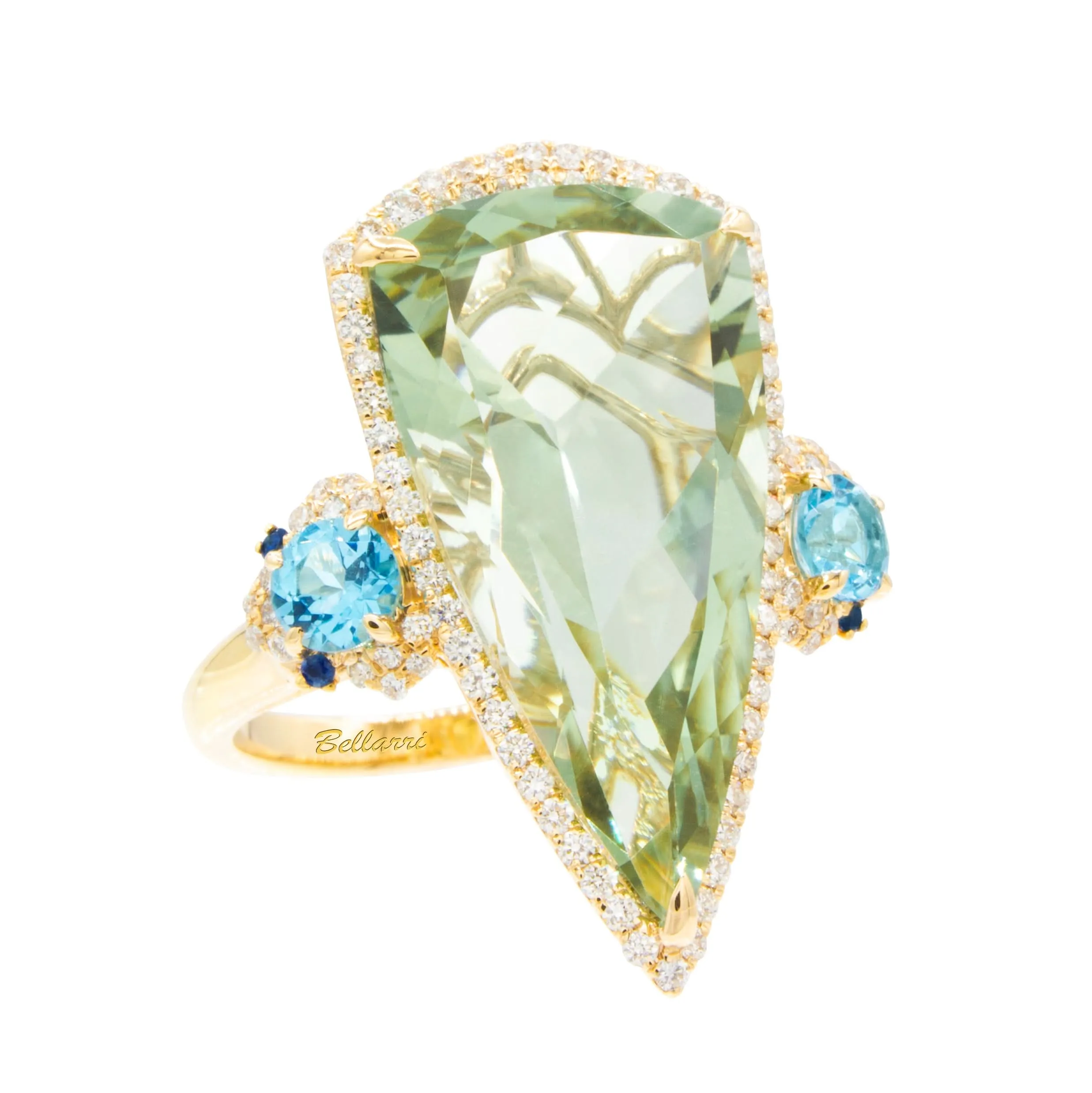 14K Yellow Prasiolite, Blue Topaz and Natural Diamond Ring Size 7