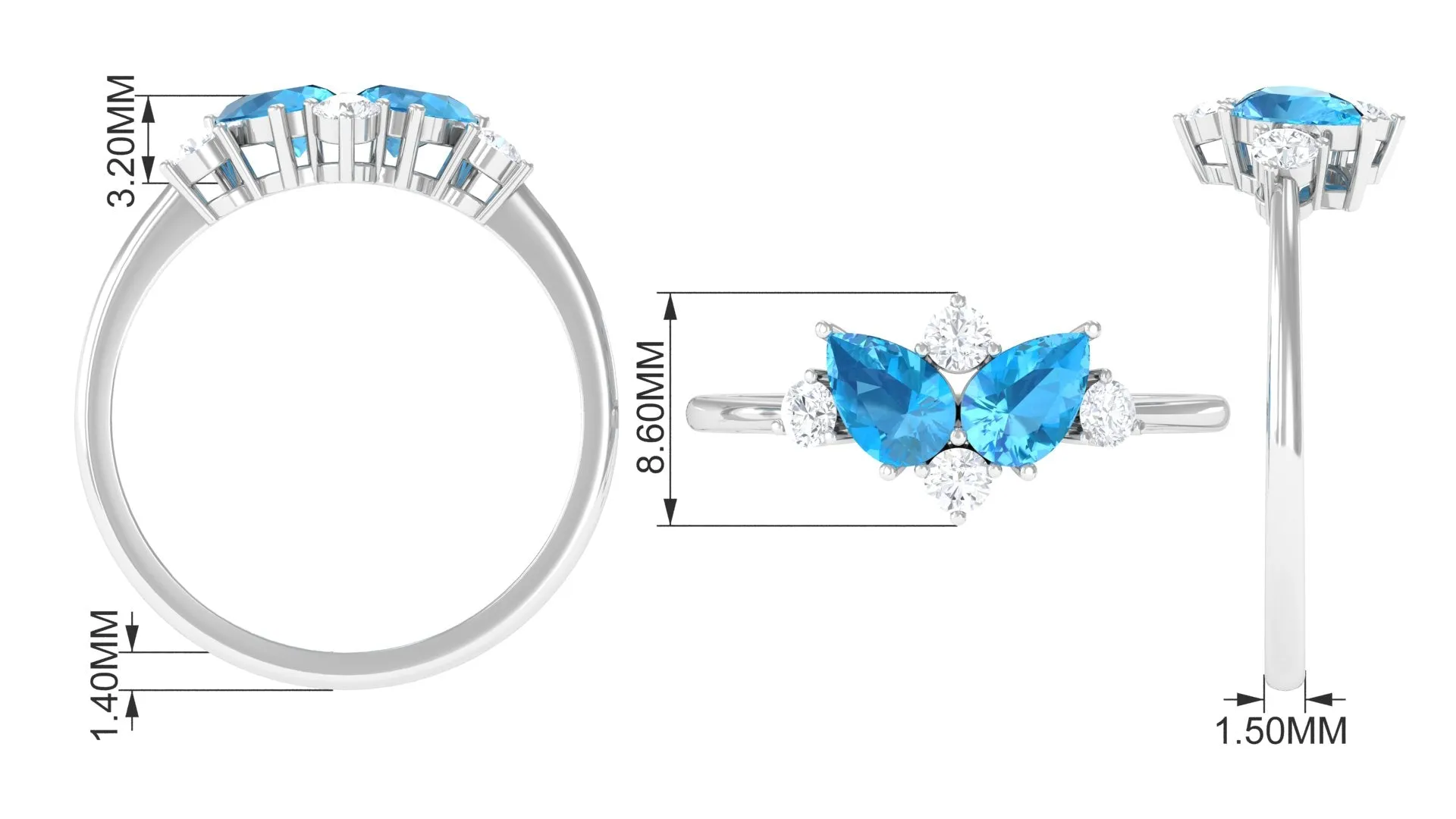 1.5 CT Pear Cut Swiss Blue Topaz Cluster Promise Ring with Diamond