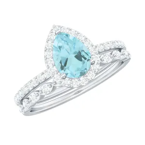 1.50 CT Teardrop Sky Blue Topaz Bridal Ring Set with Diamond