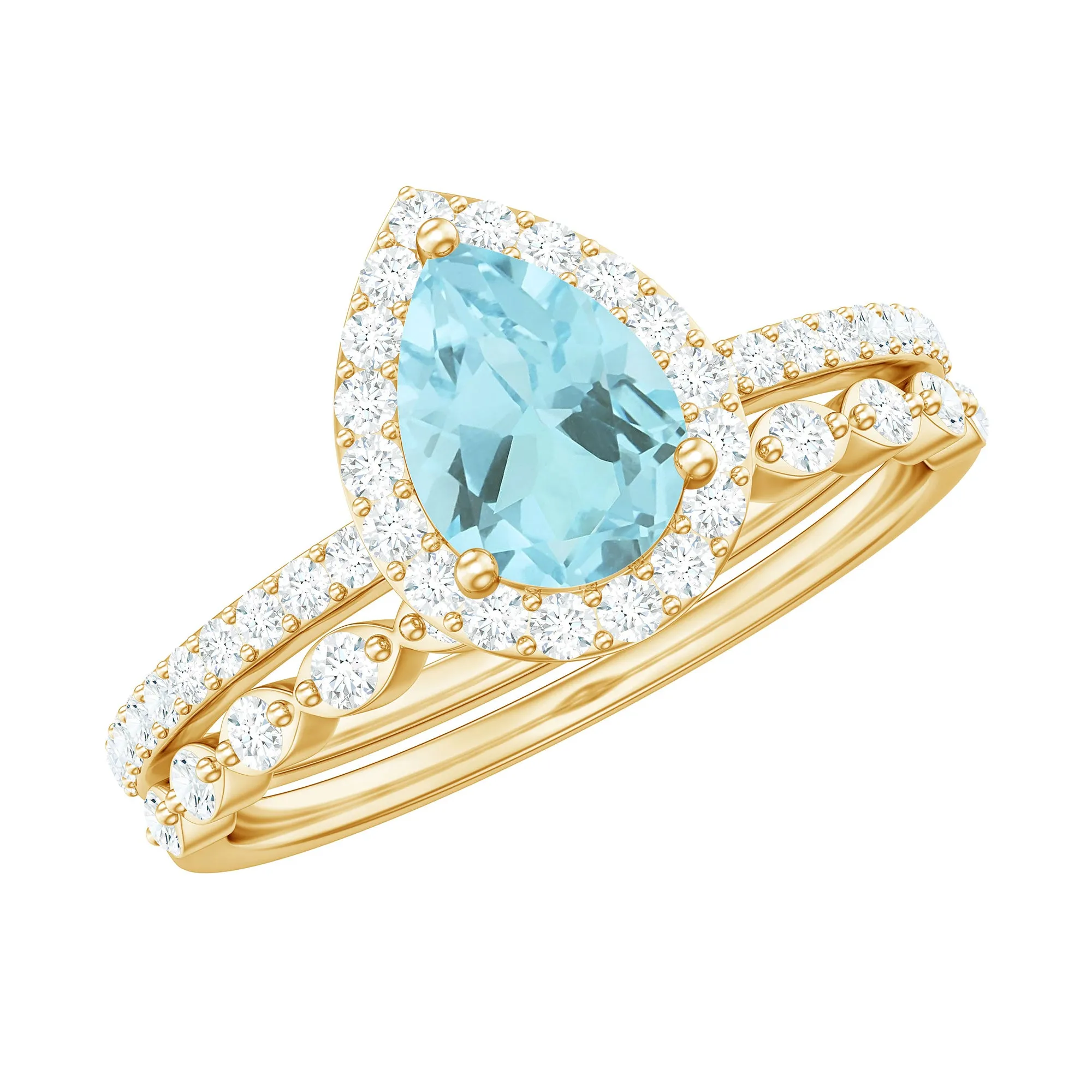 1.50 CT Teardrop Sky Blue Topaz Bridal Ring Set with Diamond