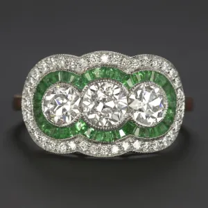 1.65ctw OLD EUROPEAN CUT DIAMOND EMERALD COCKTAIL RING VINTAGE STYLE 3 STONE