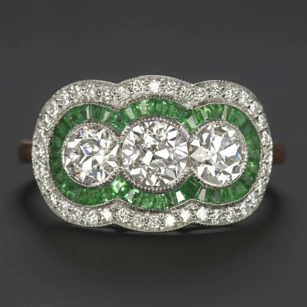 1.65ctw OLD EUROPEAN CUT DIAMOND EMERALD COCKTAIL RING VINTAGE STYLE 3 STONE