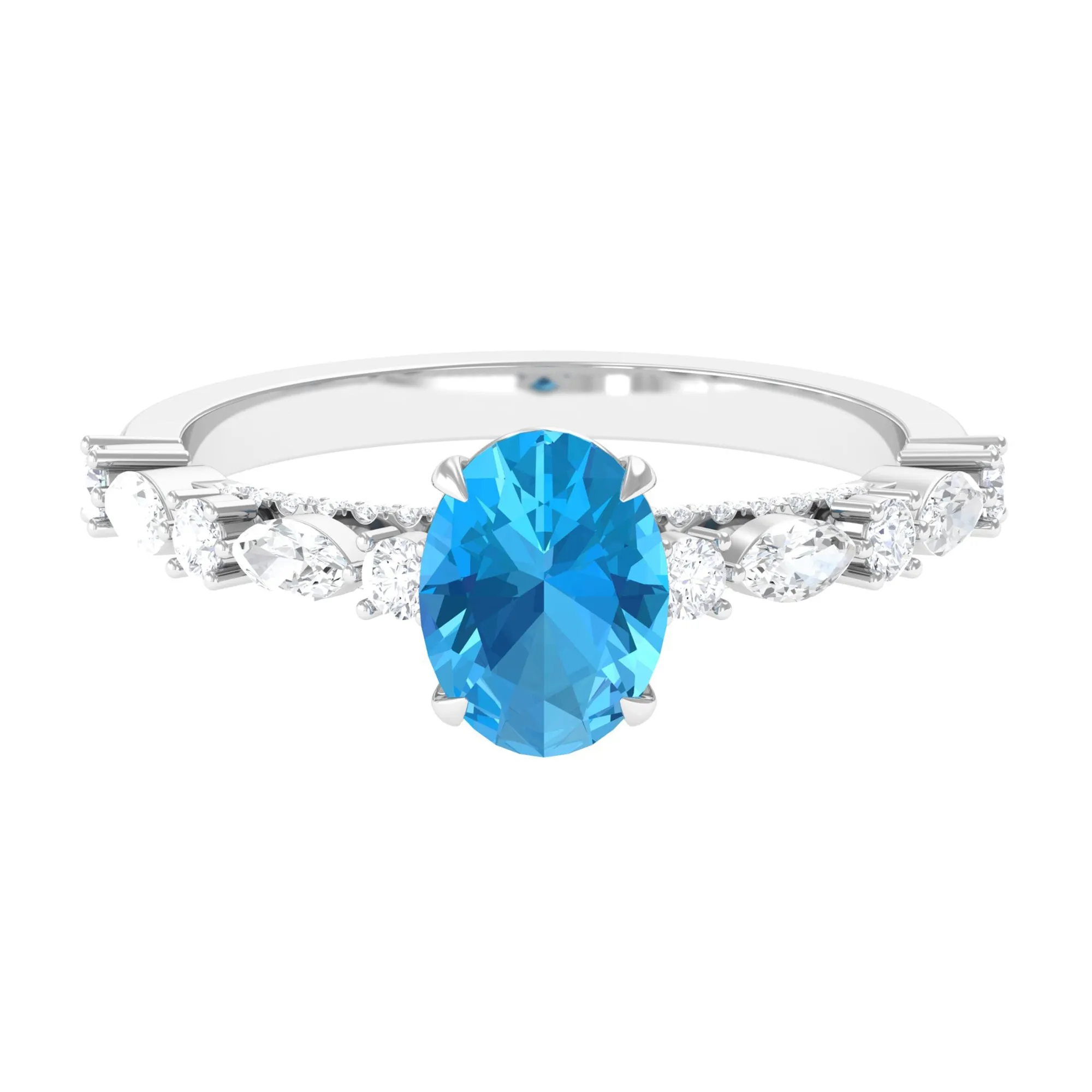 2 CT Oval Cut Swiss Blue Topaz Solitaire Engagement Ring with Moissanite