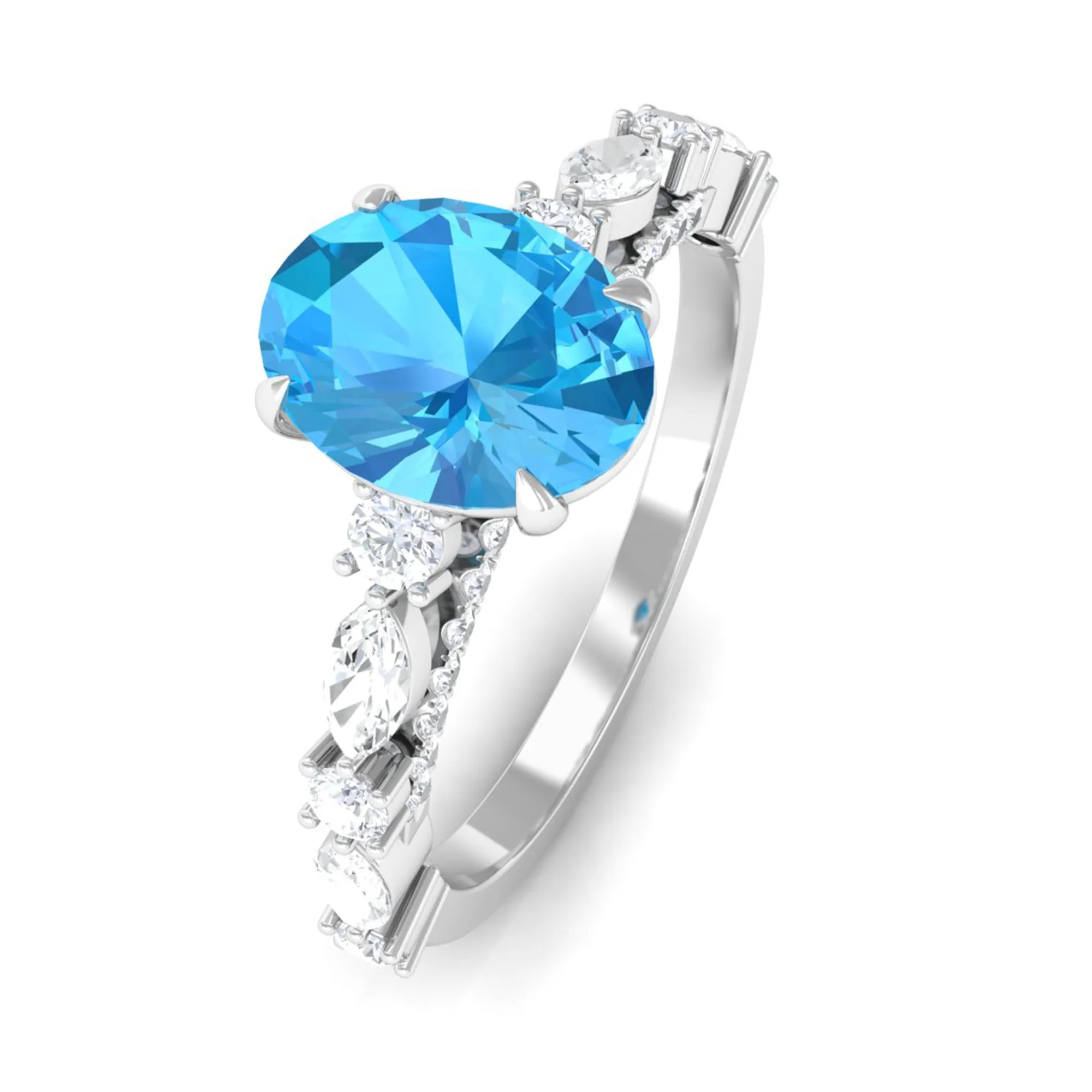 2 CT Oval Cut Swiss Blue Topaz Solitaire Engagement Ring with Moissanite