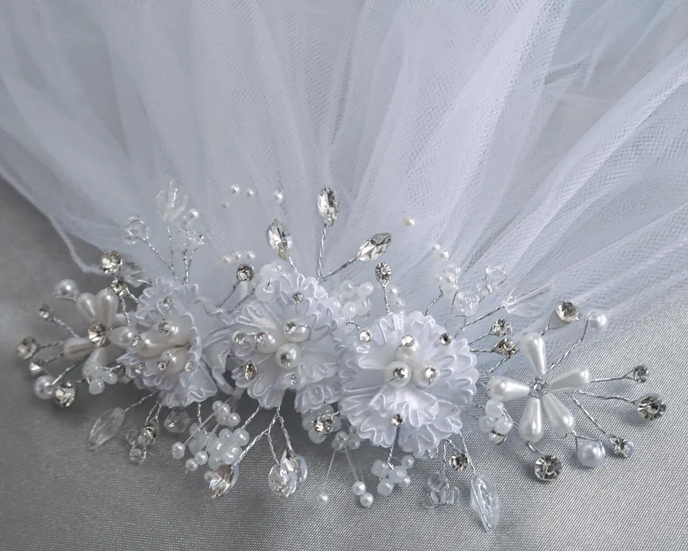 24" Veil - Corded flowers with pearls & rhinestones