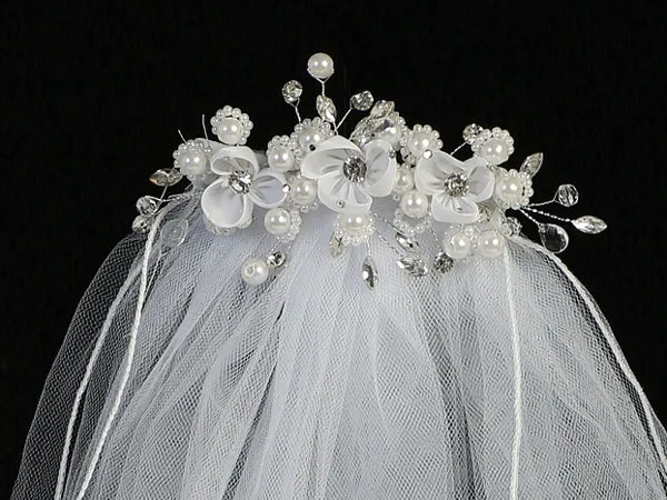 24" Veil - Organza flowers, rhinestones, and pearls