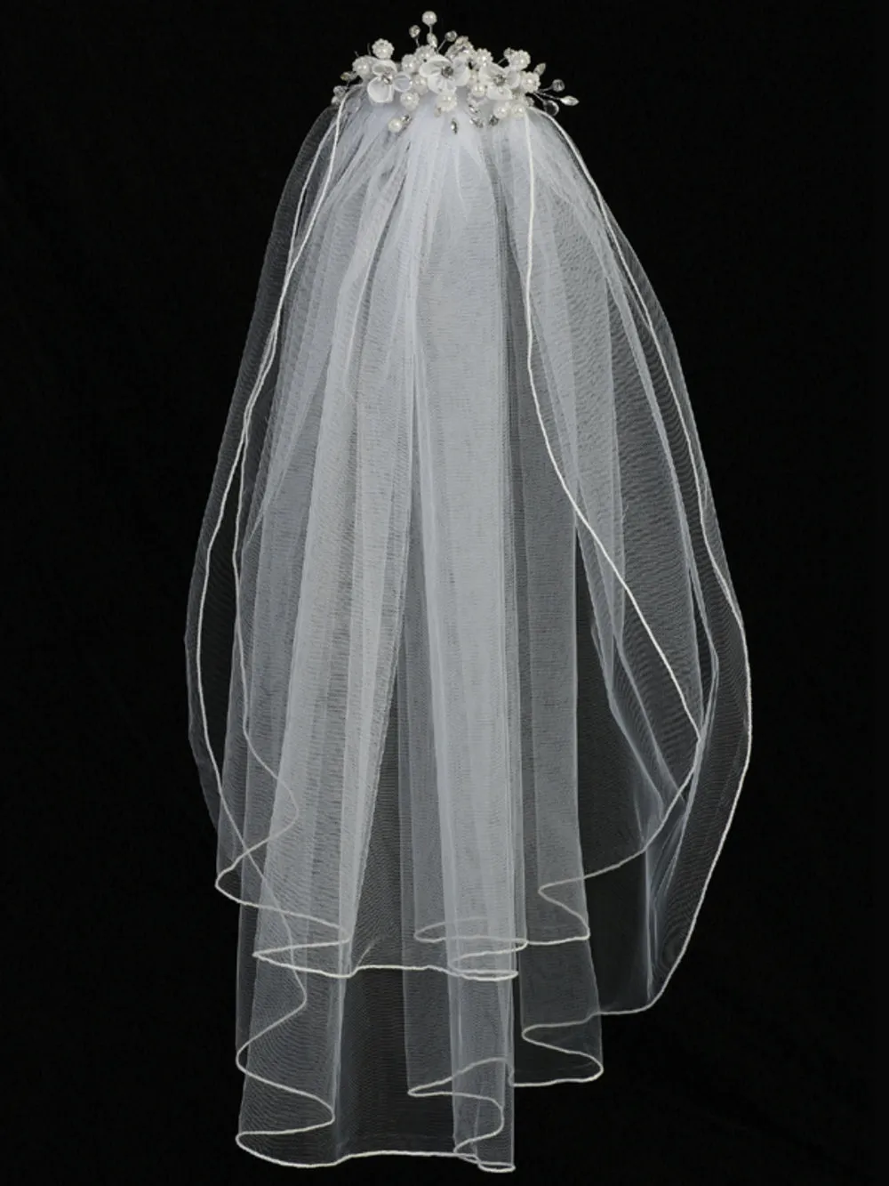 24" Veil - Organza flowers, rhinestones, and pearls