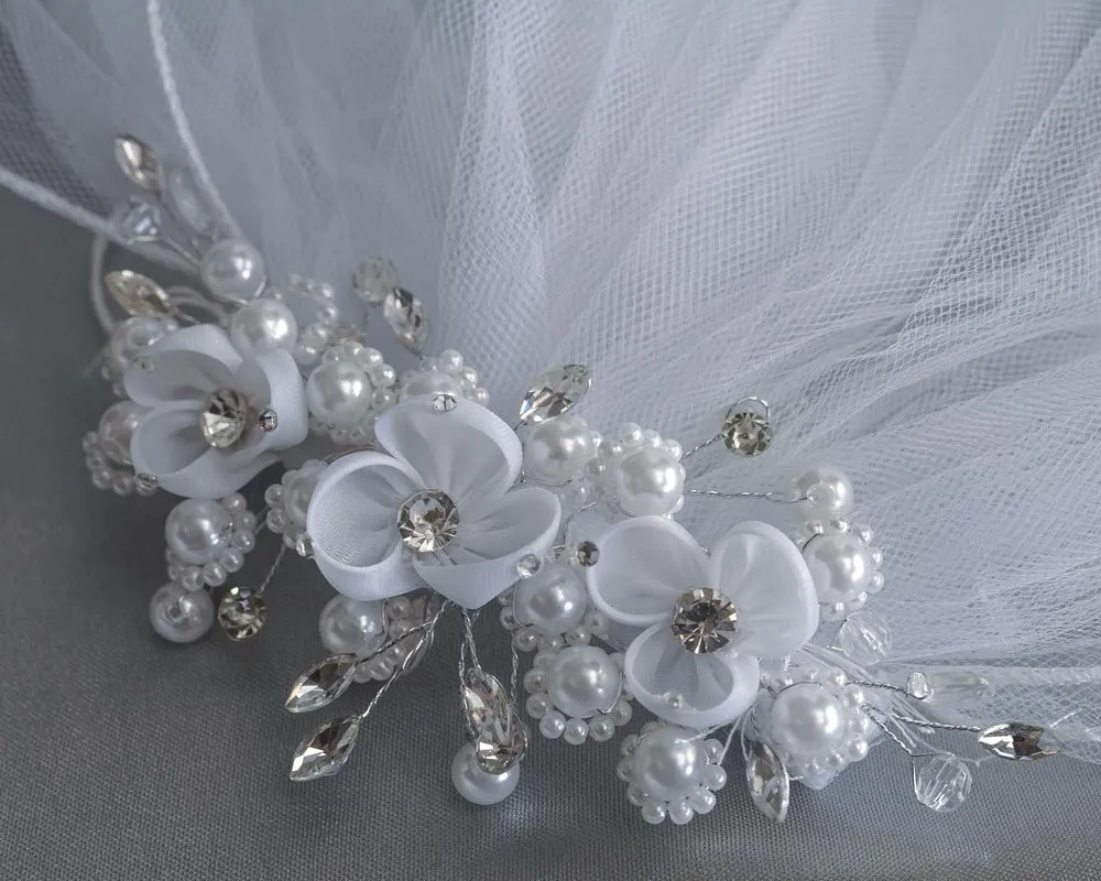 24" Veil - Organza flowers, rhinestones, and pearls