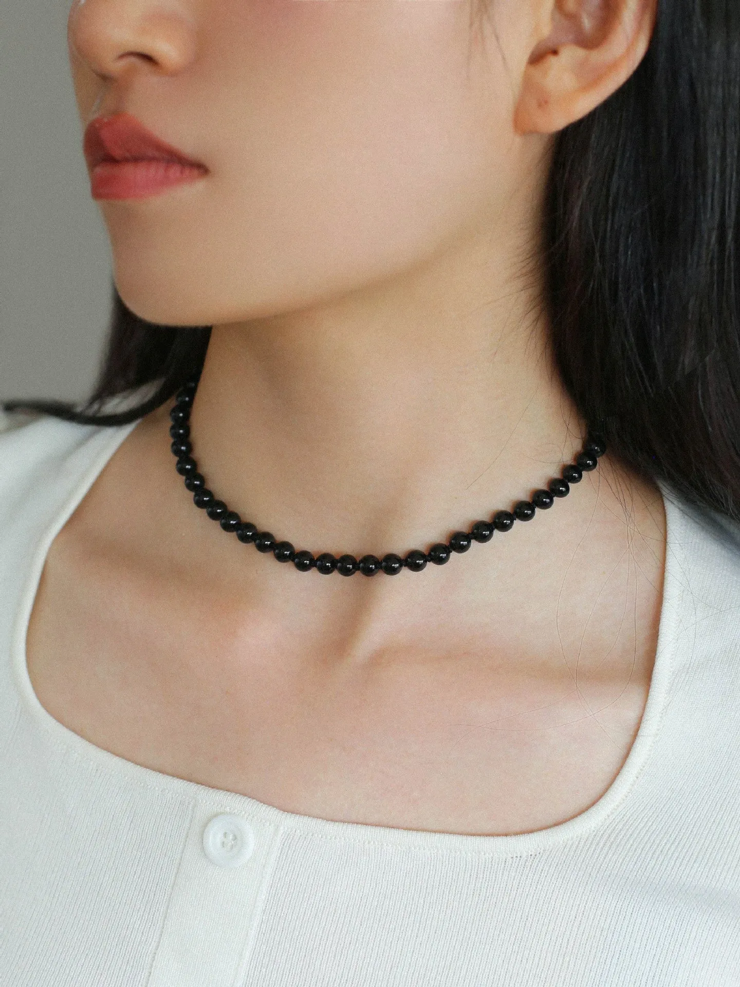 925 Silver Clasp 6mm Black Agate Beaded Choker Necklace