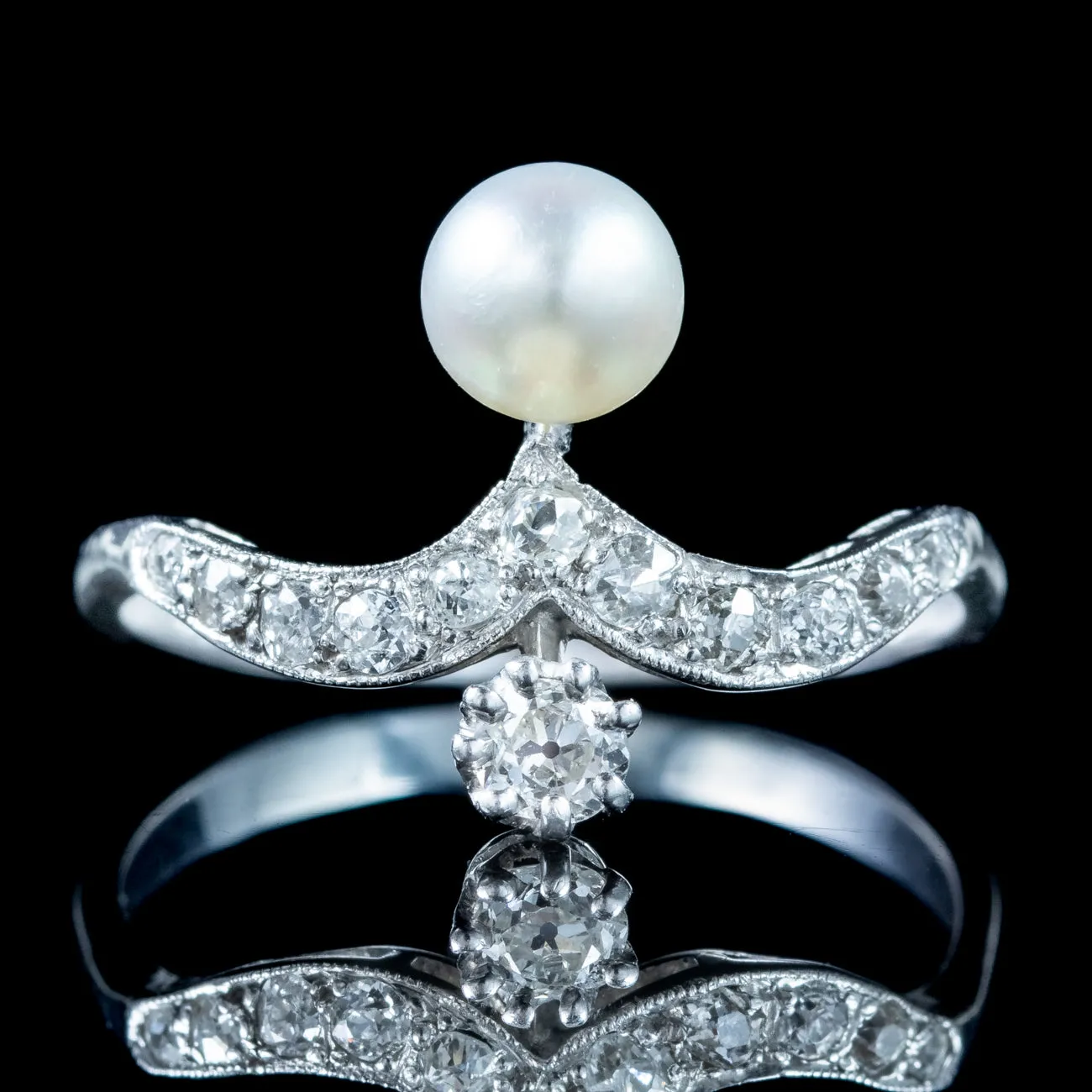 Antique Edwardian Diamond Pearl Toi Et Moi Tiara Ring 0.50ct Total