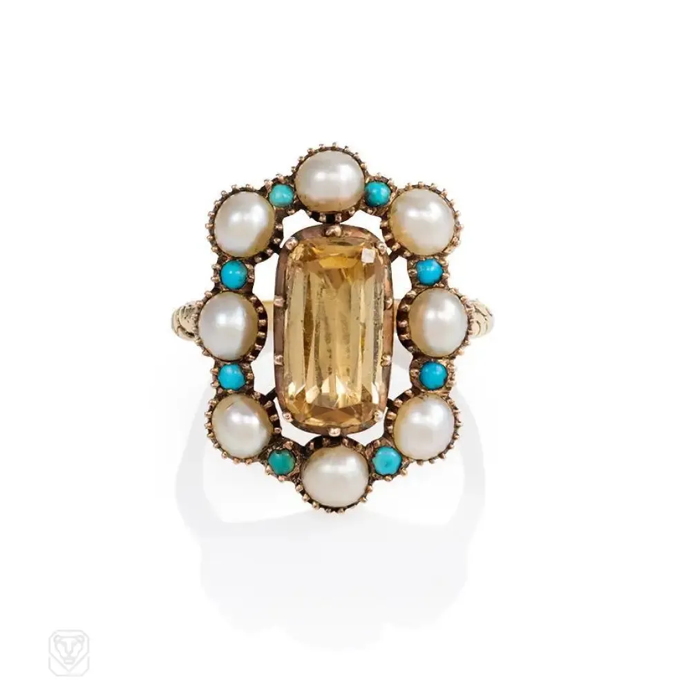 Antique topaz, pearl, and turquoise ring