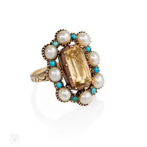 Antique topaz, pearl, and turquoise ring