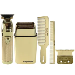 BaByliss Pro LIMITEDFX Collection Trimmer and Double Foil Shaver FXDUOFS2TG with Babyliss Pro Gold FX707G2 Replacement Deep Tooth T-Blade 2.0MM   9" and 7.5" Comb