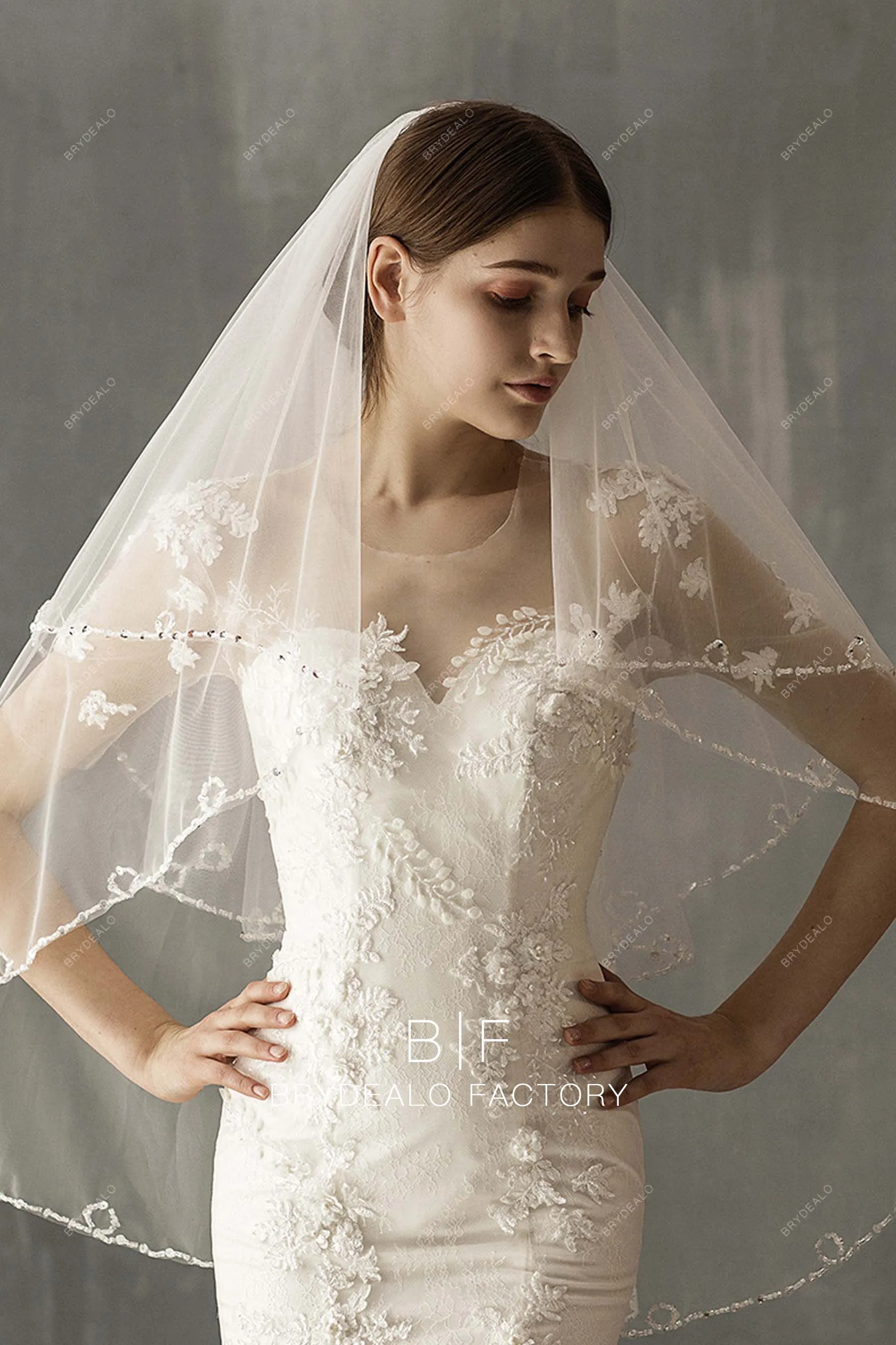 Beaded Two-tiered Fingertip Length Wholesale Wedding Veil