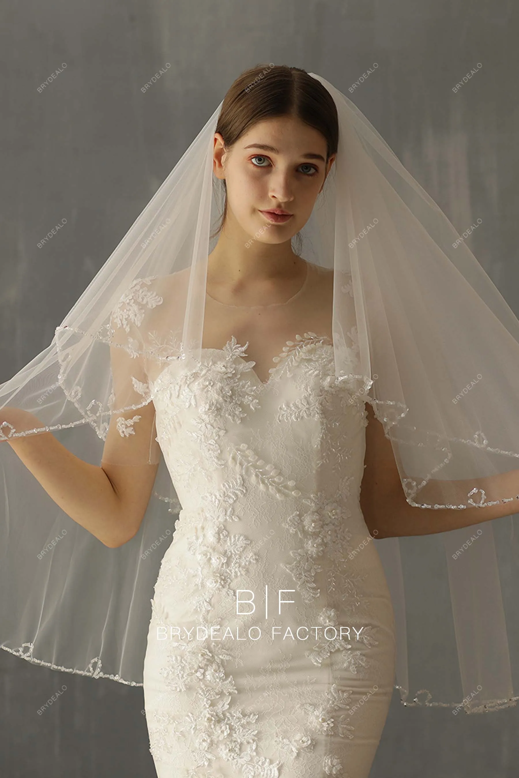 Beaded Two-tiered Fingertip Length Wholesale Wedding Veil