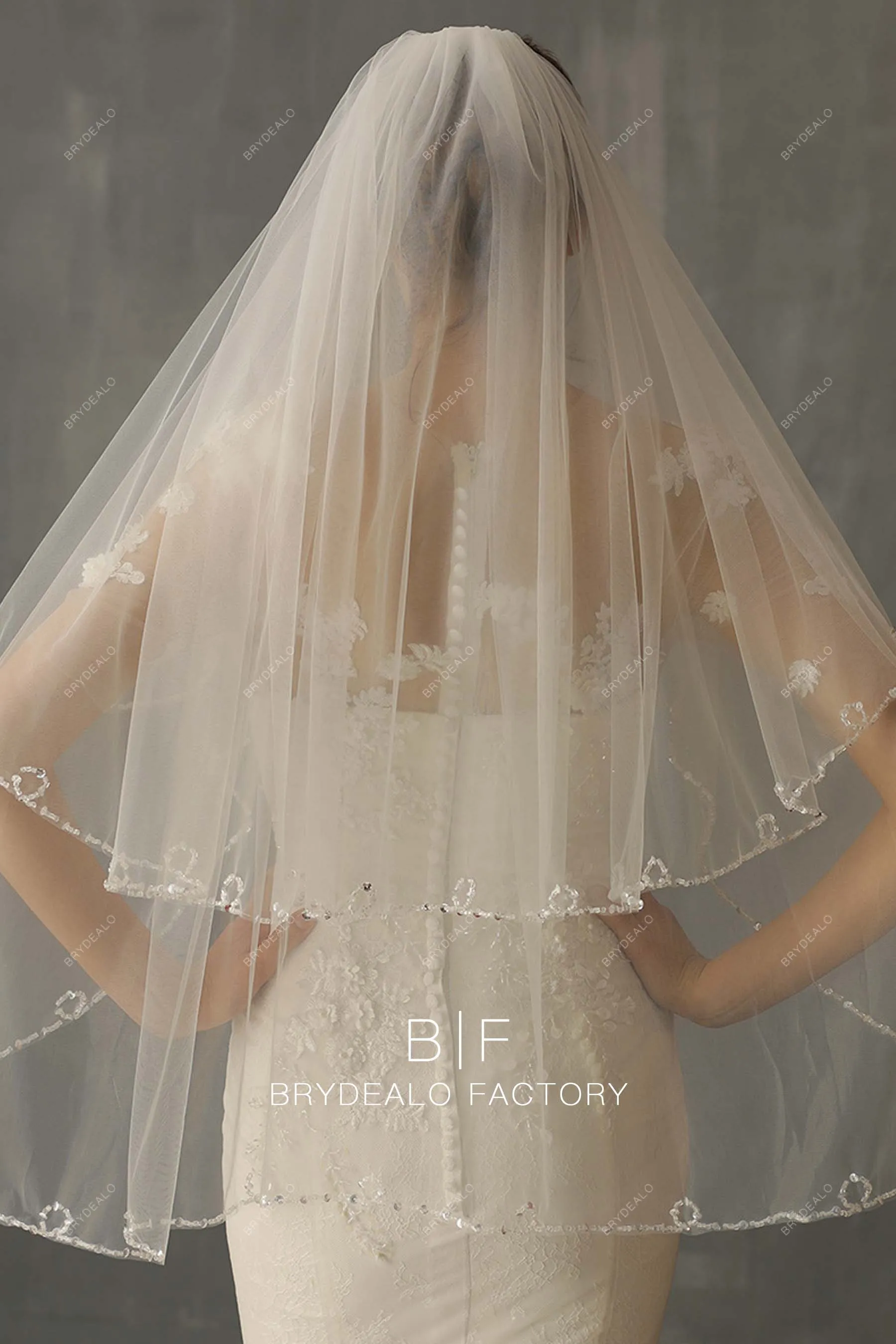 Beaded Two-tiered Fingertip Length Wholesale Wedding Veil