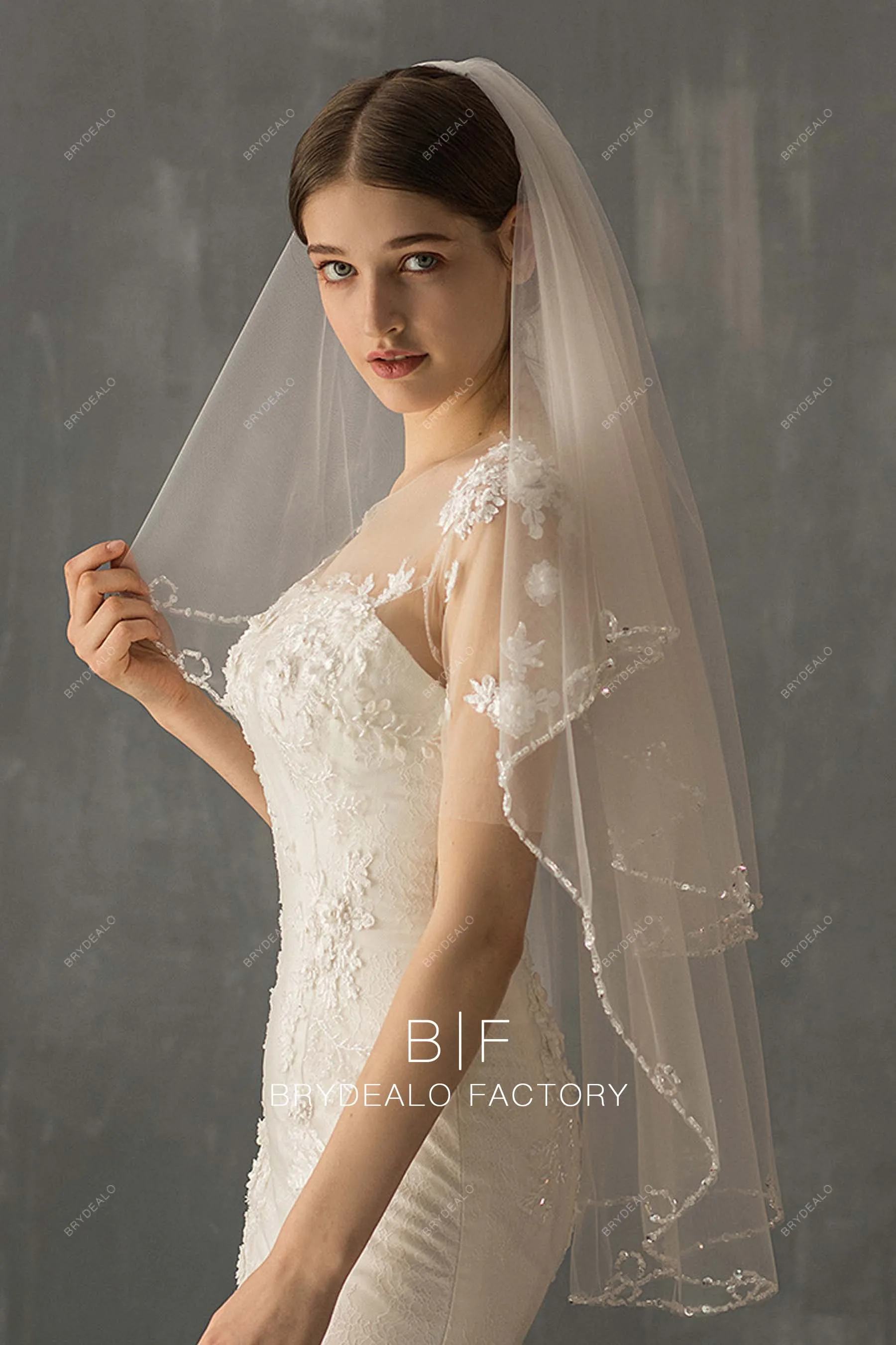 Beaded Two-tiered Fingertip Length Wholesale Wedding Veil