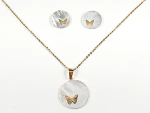 Beautiful Round Mother Of Pearl Disc With Cute Butterfly Design Gold Tone Earring Necklace Set