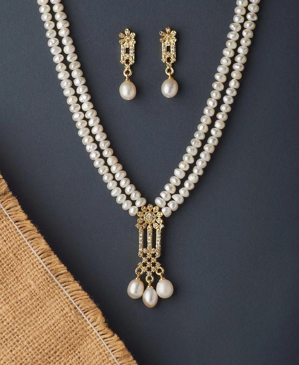 Beautiful Stone Studded Pearl Necklace Set