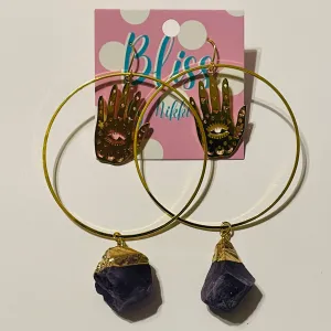 Big Hoop Amethyst and Evil Eye Hand Statement Earrings