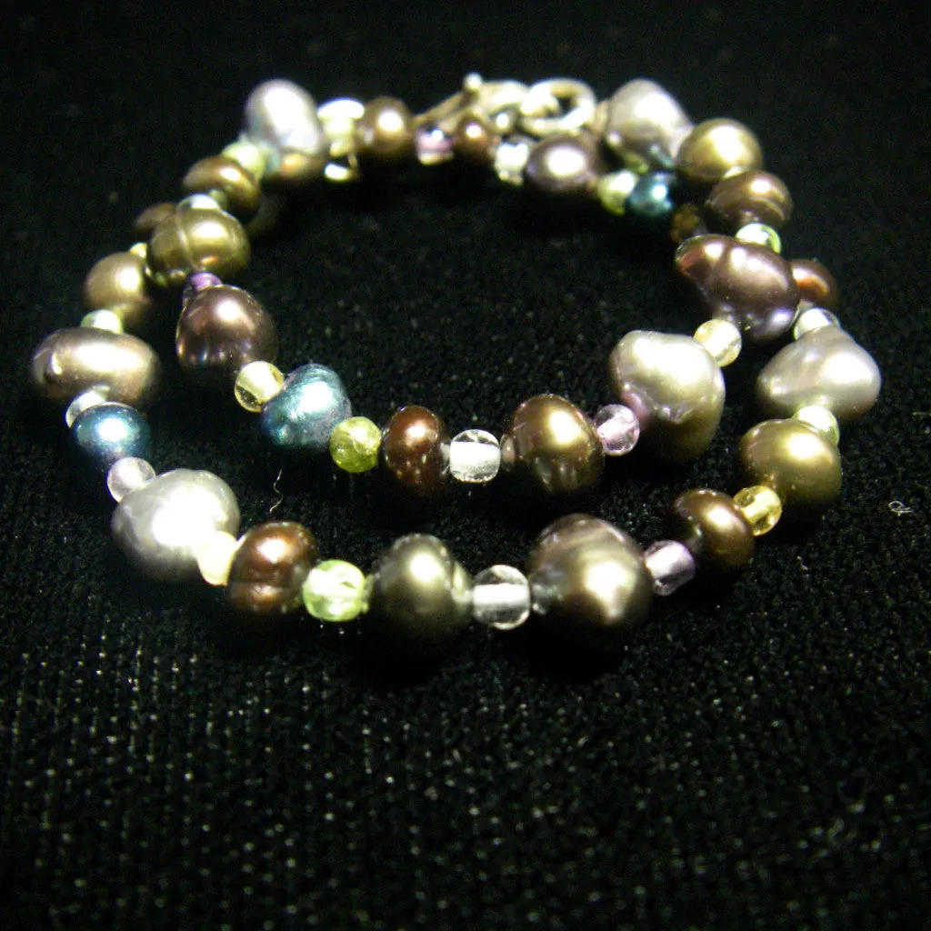 Black Pearl & Amethyst, Blue Topaz, Peridot & Citrine Bracelet