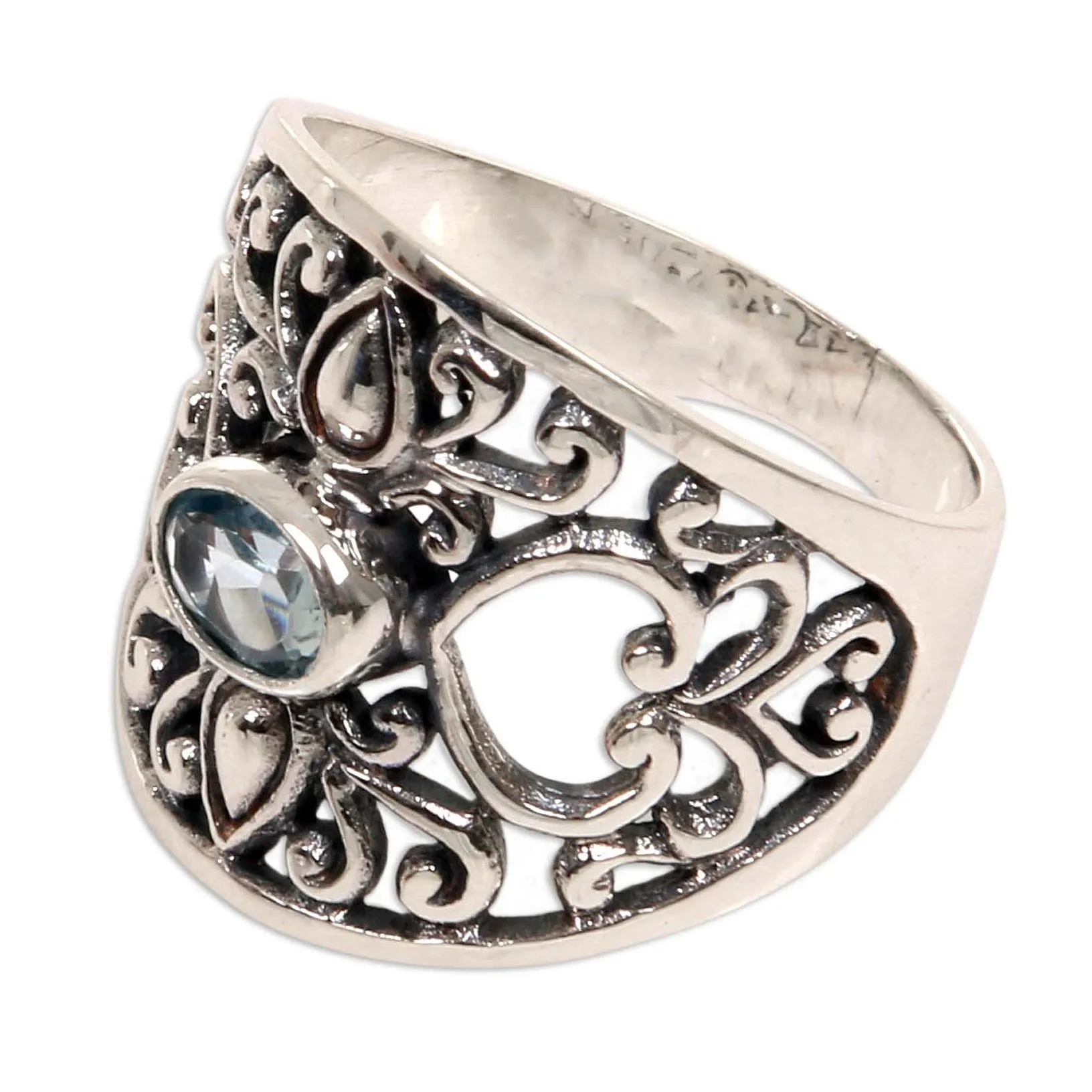 Blue Topaz and Silver Heart Band Ring - Garden of Empathy | NOVICA