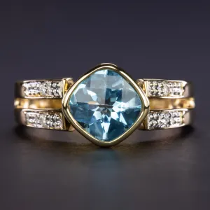 BLUE TOPAZ DIAMOND COCKTAIL RING 14k YELLOW GOLD BEZEL SET CUSHION SPLIT SHANK