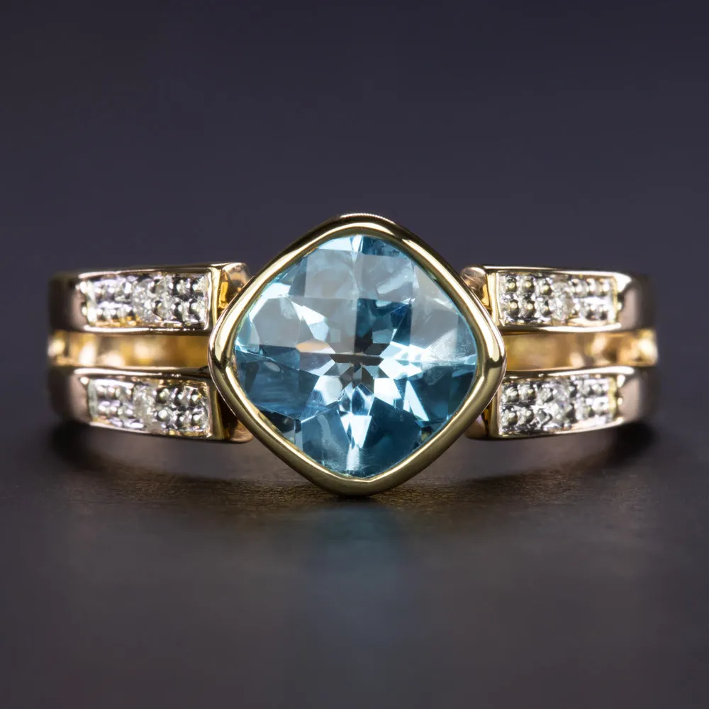 BLUE TOPAZ DIAMOND COCKTAIL RING 14k YELLOW GOLD BEZEL SET CUSHION SPLIT SHANK