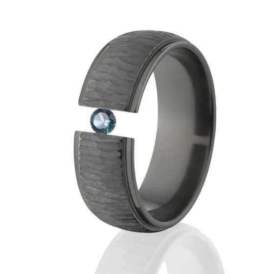 Blue Topaz, Tree Bark 8mm Ring, Black Zirconium