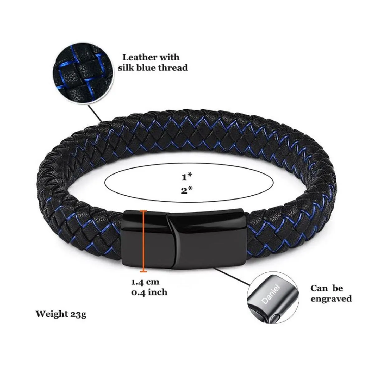 Braided Blue Black Leather Stainless Steel Wrist Band Personalized Engraved Bracelet Men