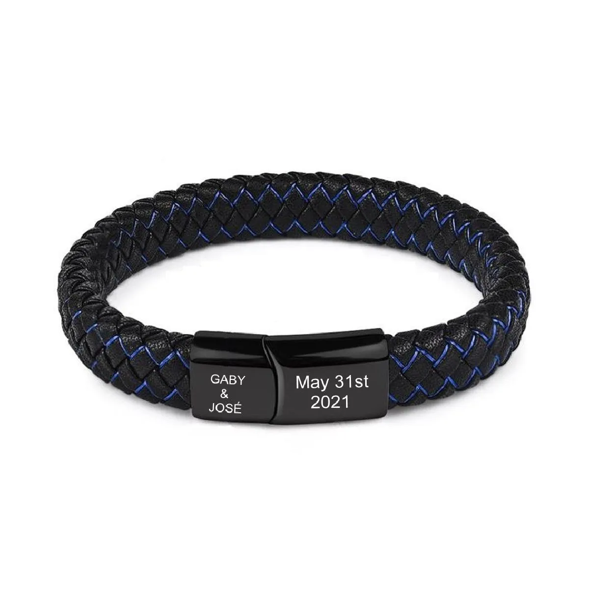 Braided Blue Black Leather Stainless Steel Wrist Band Personalized Engraved Bracelet Men