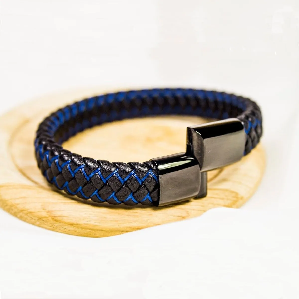 Braided Blue Black Leather Stainless Steel Wrist Band Personalized Engraved Bracelet Men