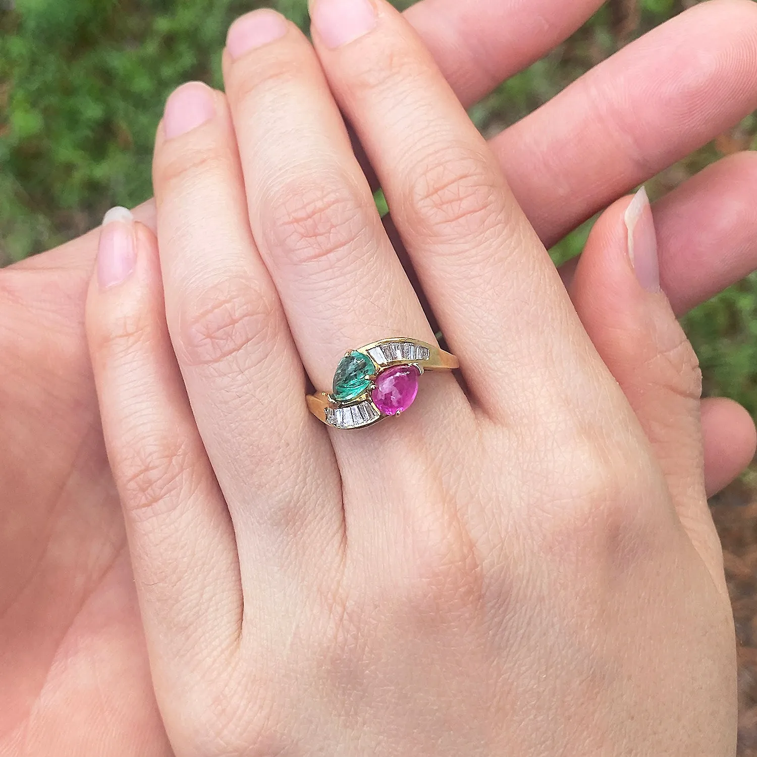 Cabochon Emerald and Ruby Bypass Ring with Diamonds in 18k Yellow Gold