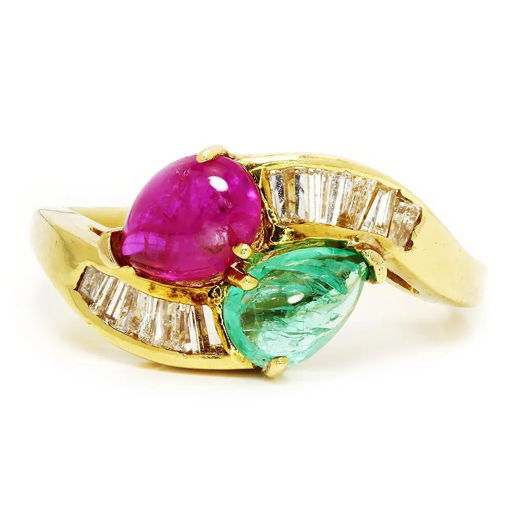 Cabochon Emerald and Ruby Bypass Ring with Diamonds in 18k Yellow Gold