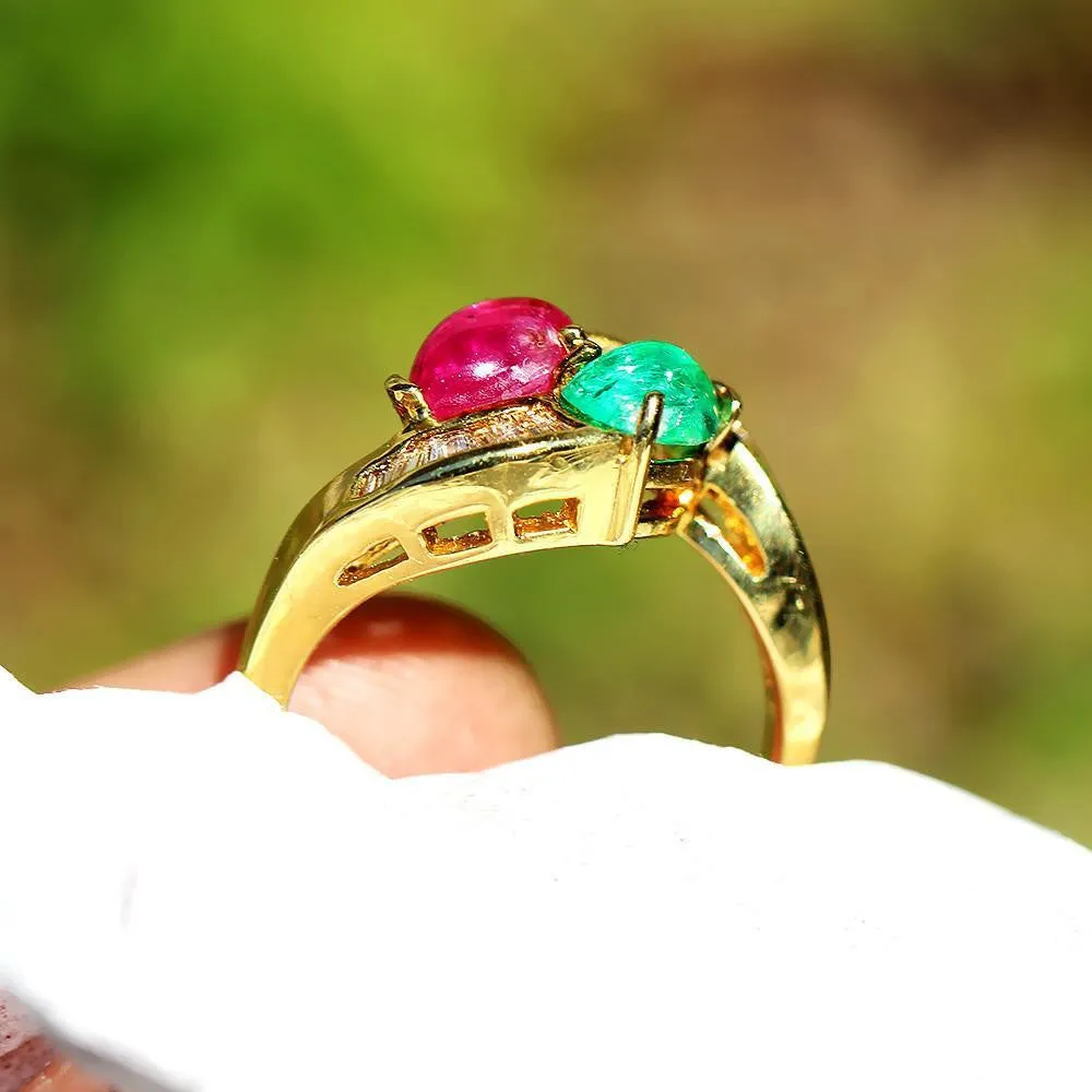 Cabochon Emerald and Ruby Bypass Ring with Diamonds in 18k Yellow Gold