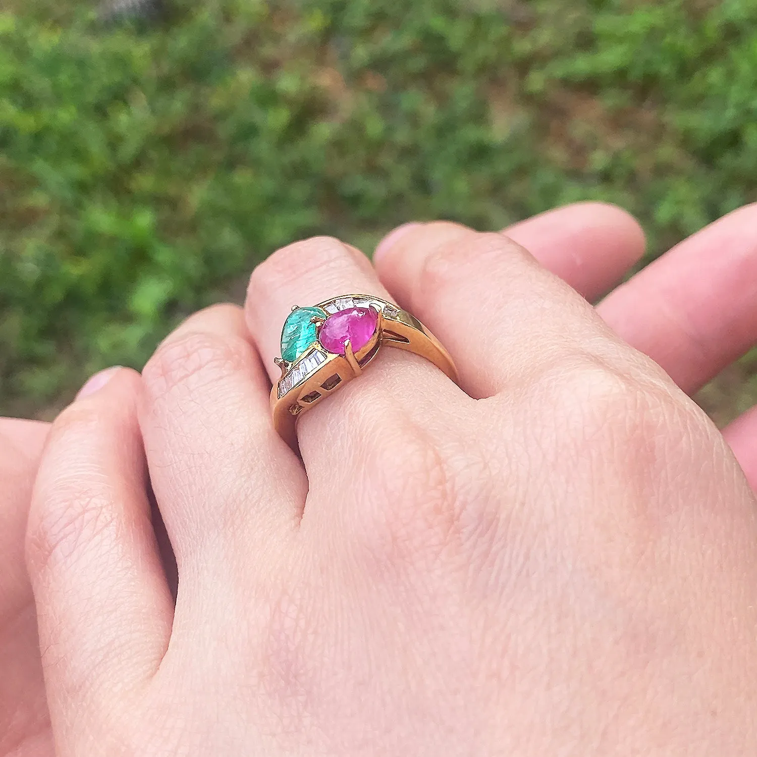 Cabochon Emerald and Ruby Bypass Ring with Diamonds in 18k Yellow Gold