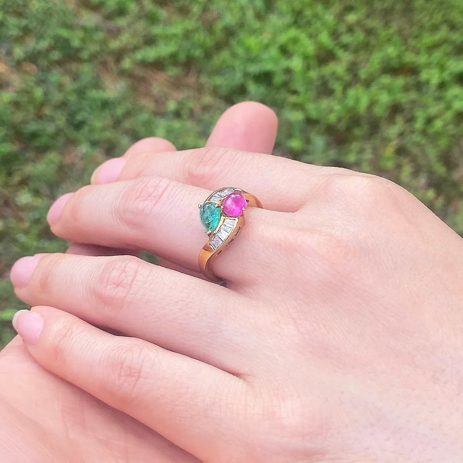 Cabochon Emerald and Ruby Bypass Ring with Diamonds in 18k Yellow Gold