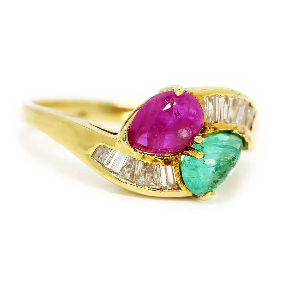 Cabochon Emerald and Ruby Bypass Ring with Diamonds in 18k Yellow Gold