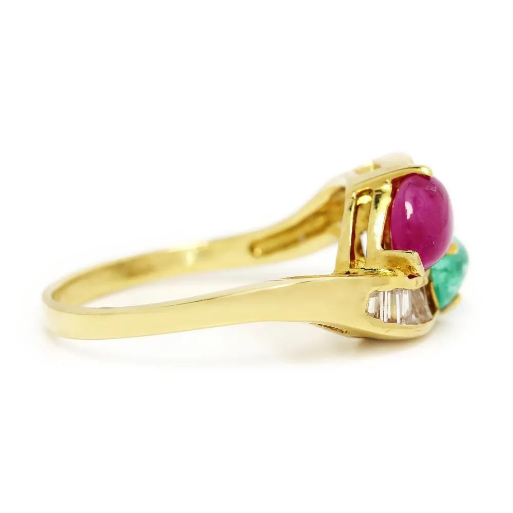 Cabochon Emerald and Ruby Bypass Ring with Diamonds in 18k Yellow Gold