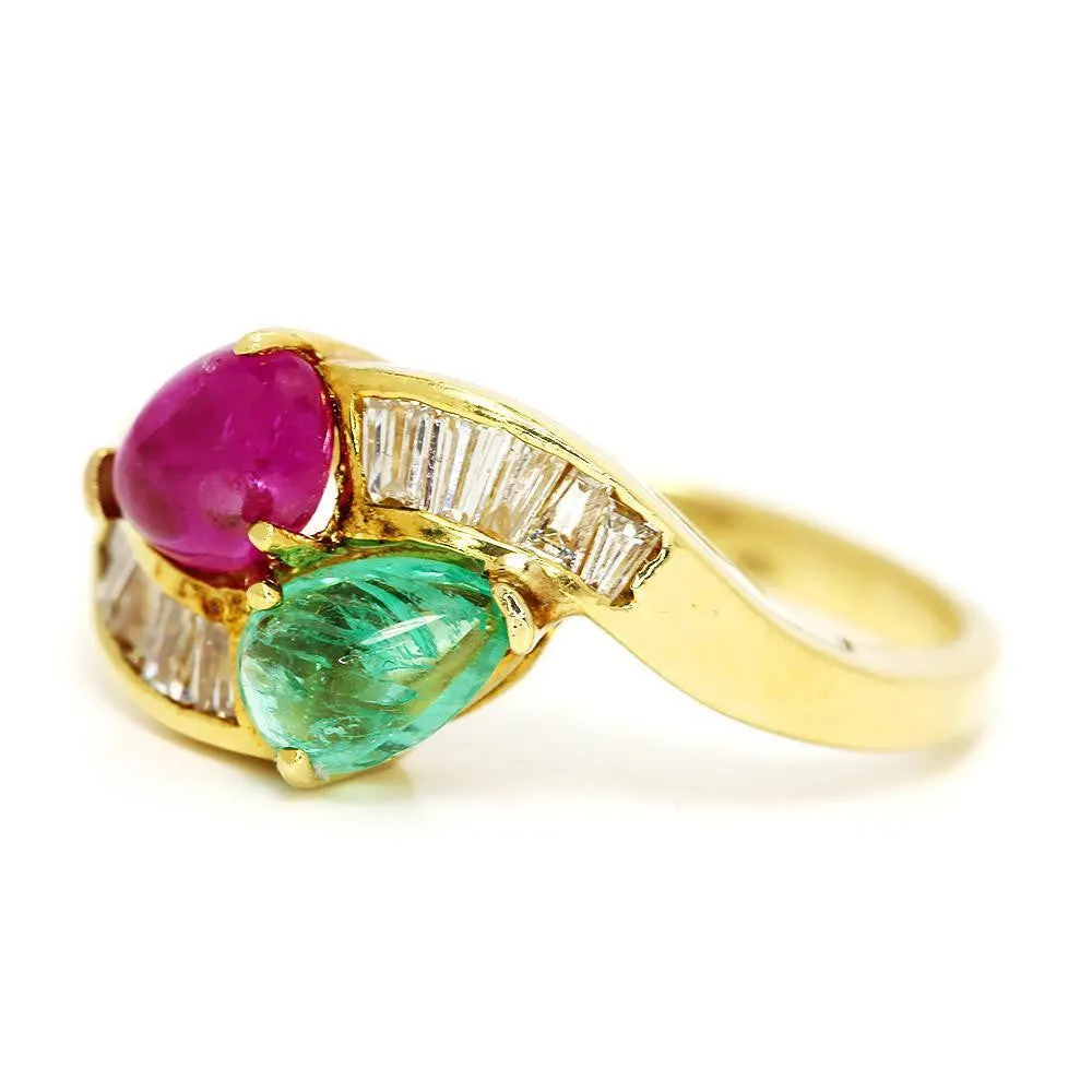 Cabochon Emerald and Ruby Bypass Ring with Diamonds in 18k Yellow Gold