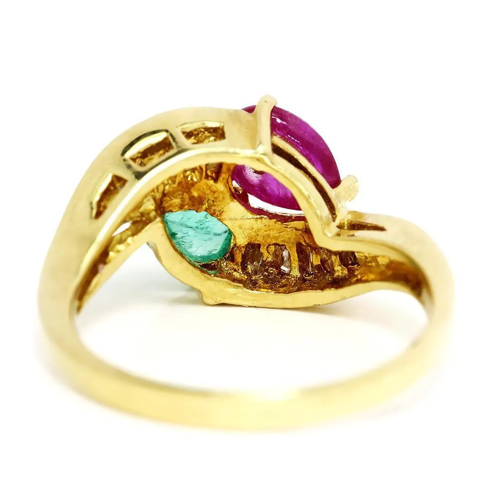 Cabochon Emerald and Ruby Bypass Ring with Diamonds in 18k Yellow Gold