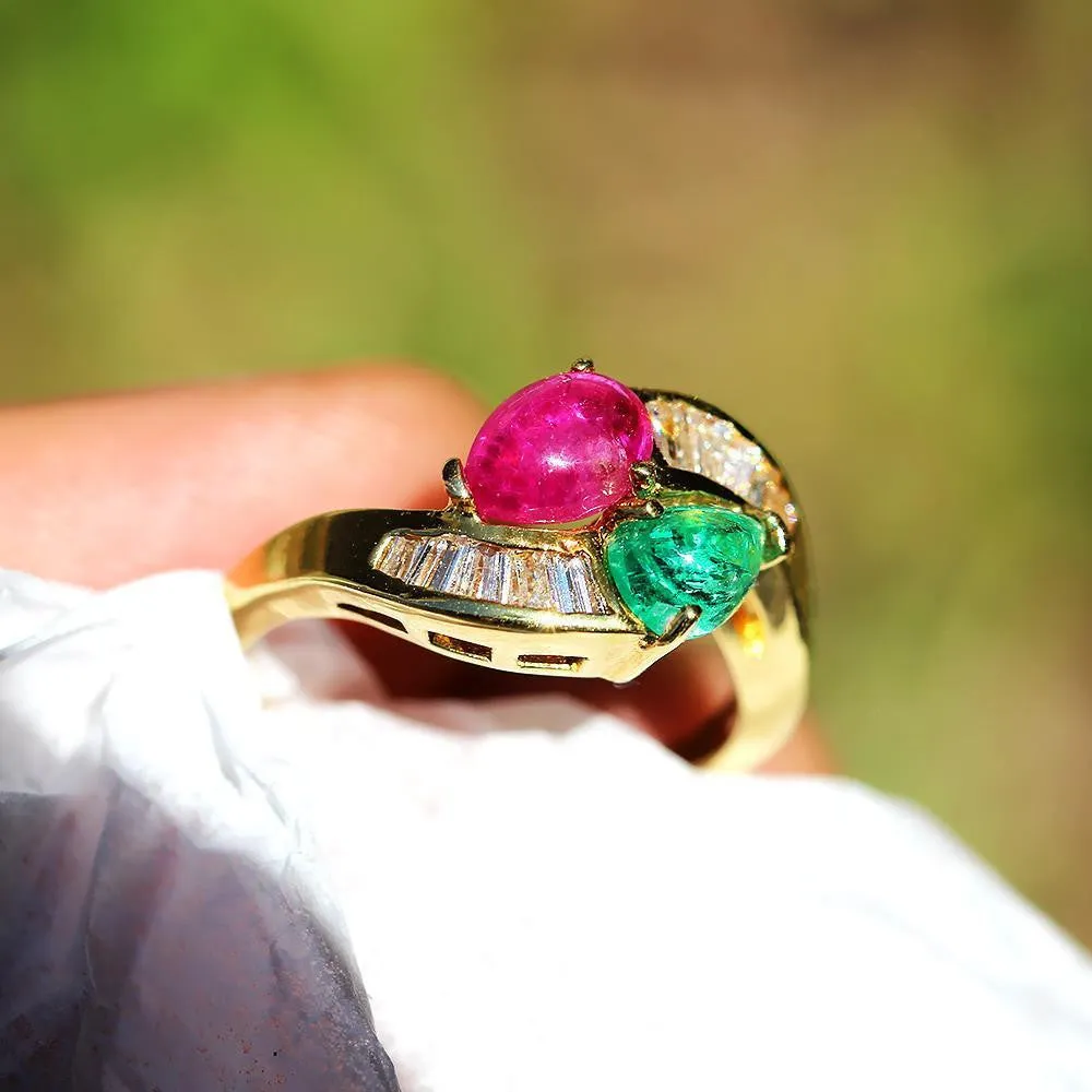 Cabochon Emerald and Ruby Bypass Ring with Diamonds in 18k Yellow Gold