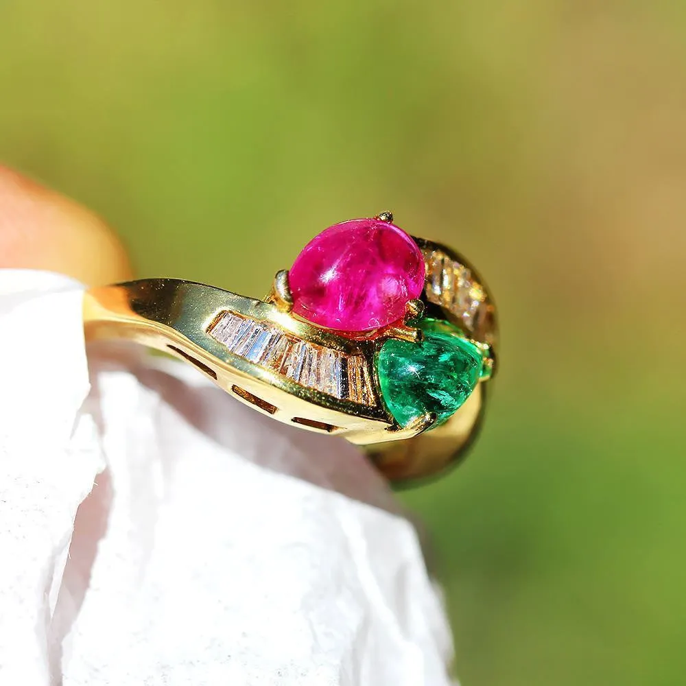 Cabochon Emerald and Ruby Bypass Ring with Diamonds in 18k Yellow Gold