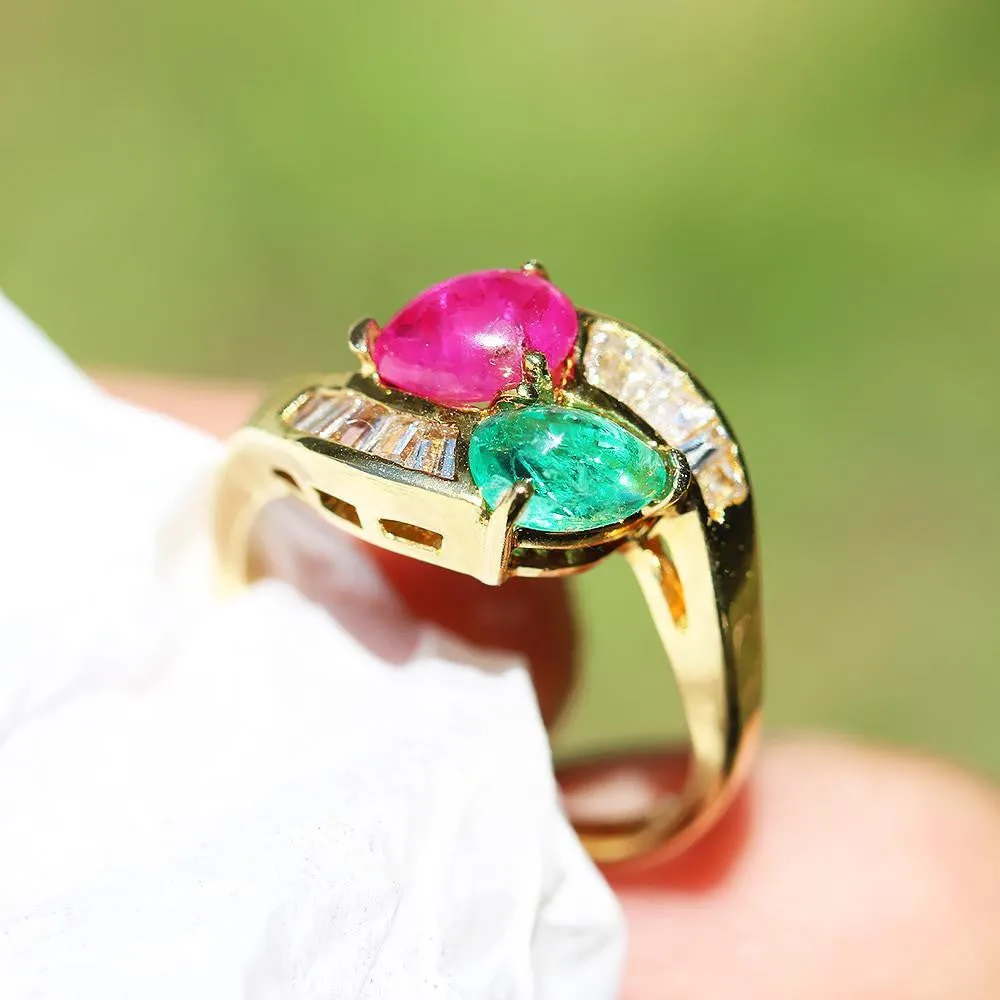 Cabochon Emerald and Ruby Bypass Ring with Diamonds in 18k Yellow Gold