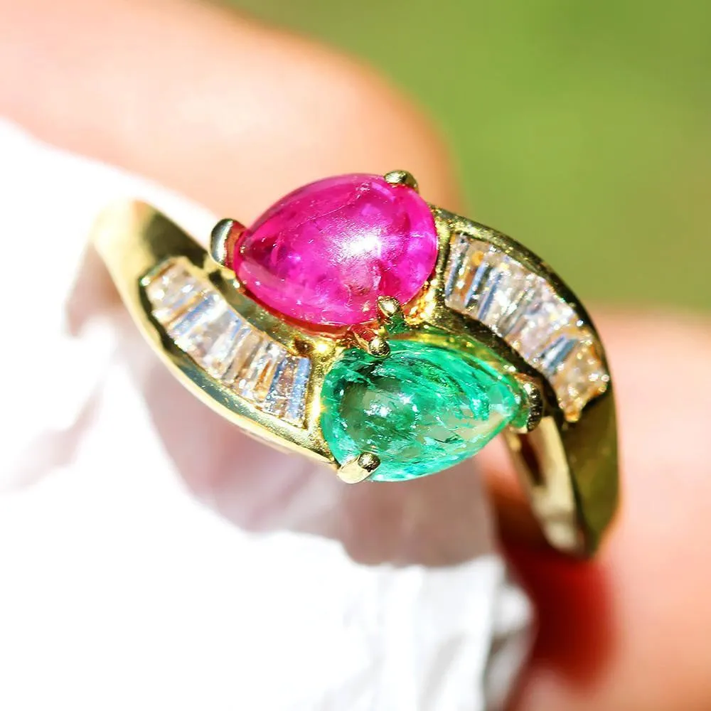 Cabochon Emerald and Ruby Bypass Ring with Diamonds in 18k Yellow Gold