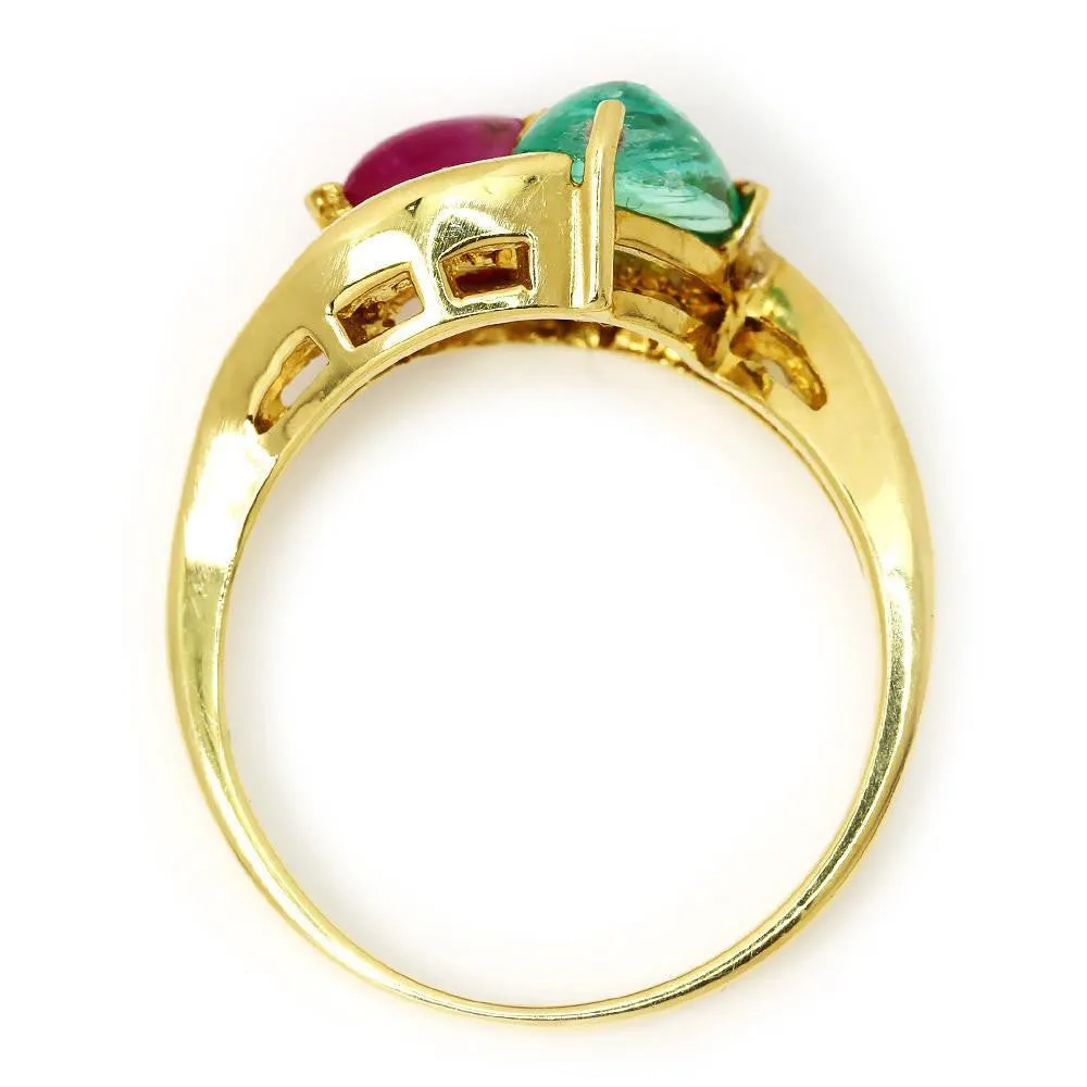 Cabochon Emerald and Ruby Bypass Ring with Diamonds in 18k Yellow Gold