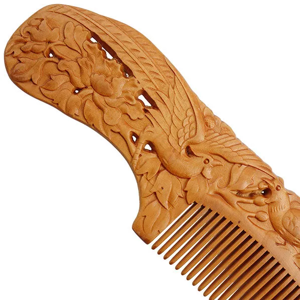 Carved Peachwood Birds and Peonies Hair Comb with Handle