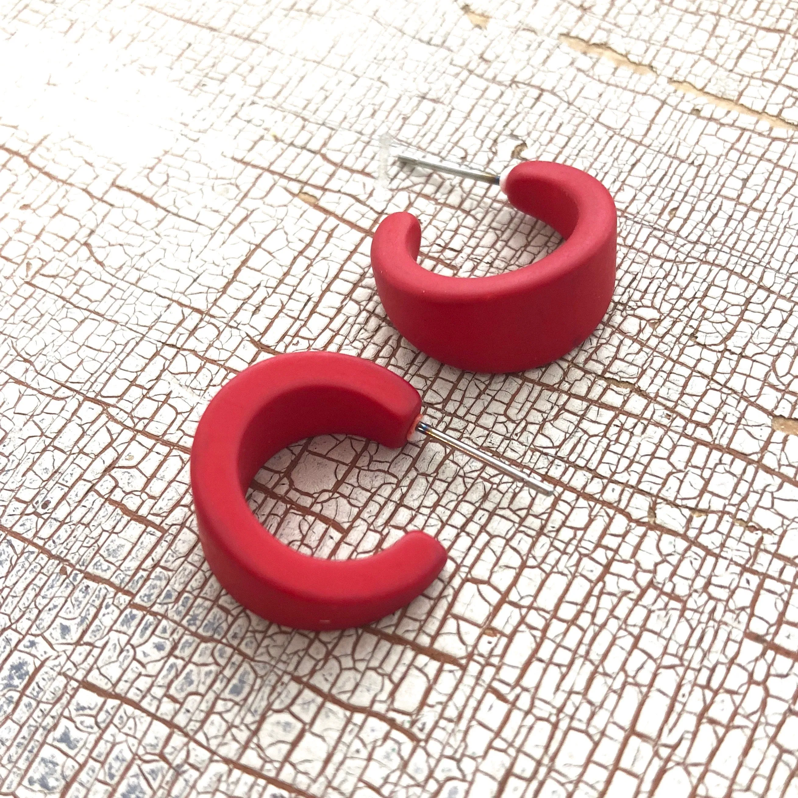 Cherry Red Velvet Matte Mini Boom Hoop Earrings